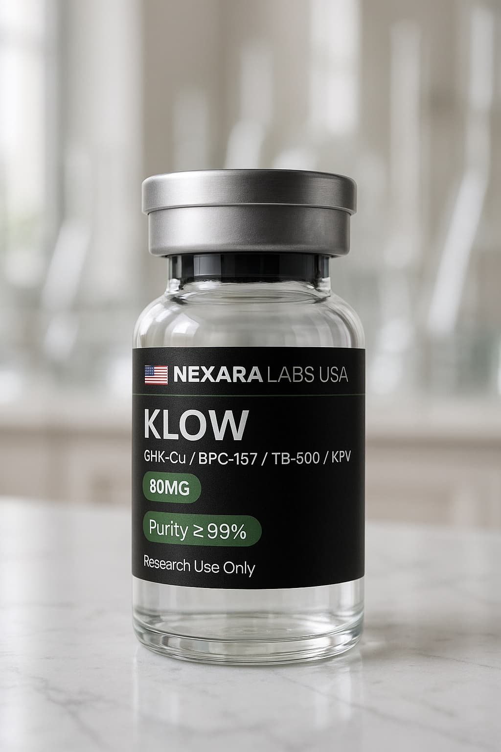 A sealed Nexara research vial on white marble