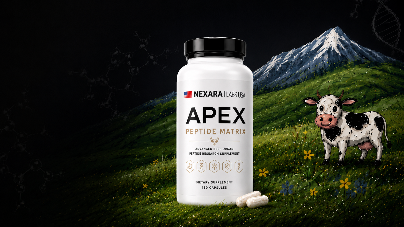 APEX Peptide Matrix research formulation vial on a meadow with a cow and mountain backdrop
