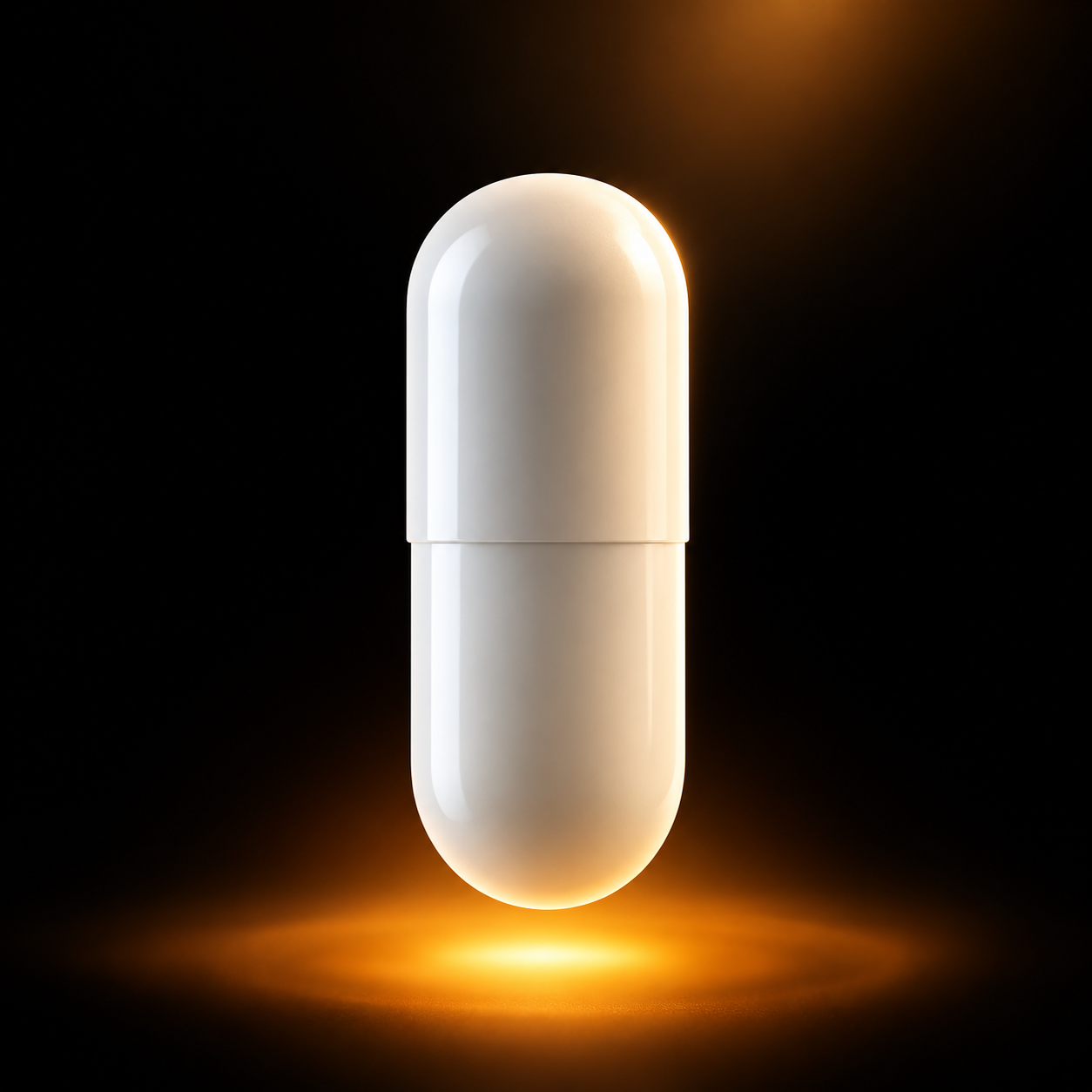 Single white capsule centered against dark background with warm gastric glow beneath
