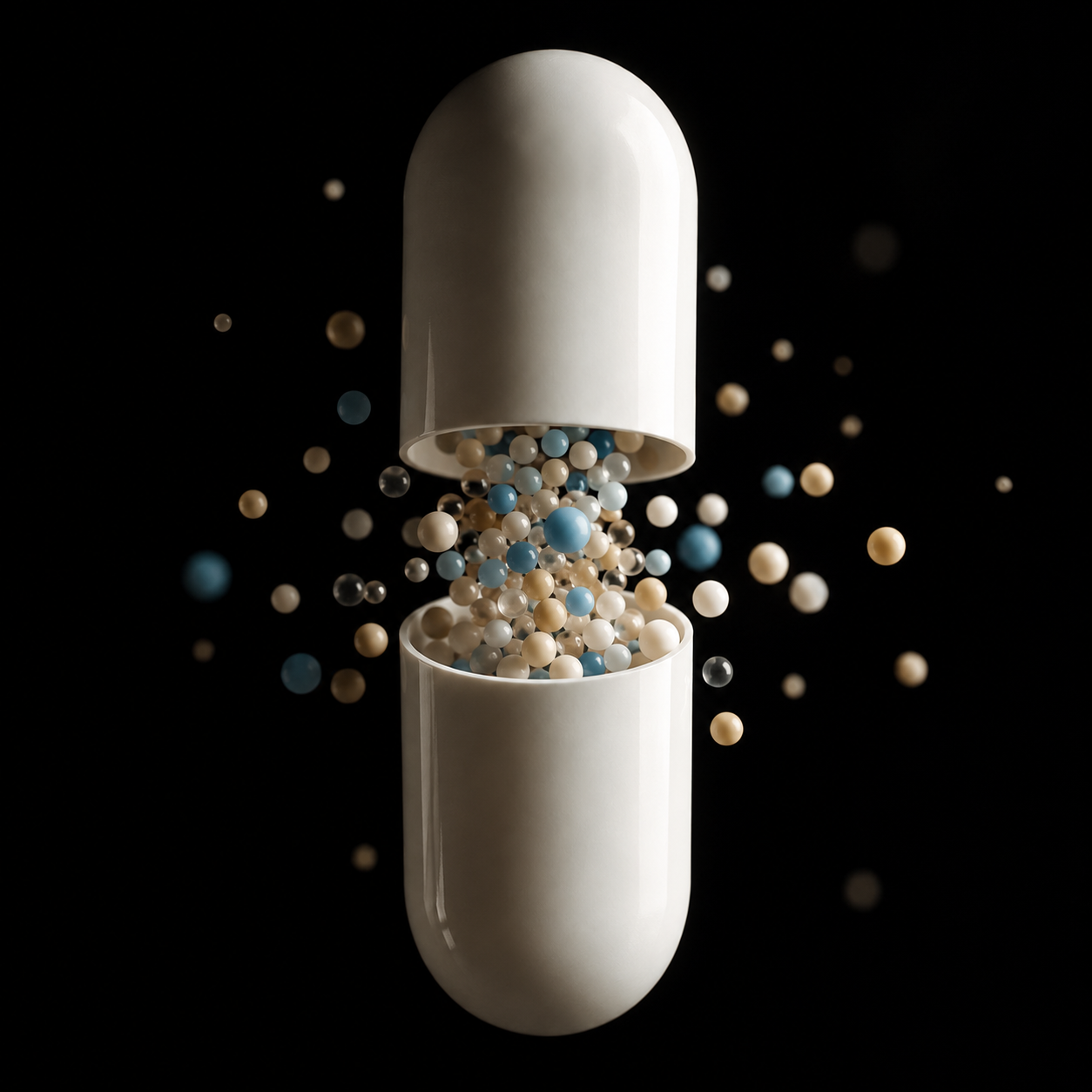 Capsule cracking open at the seam with multicolored microbeads spilling out