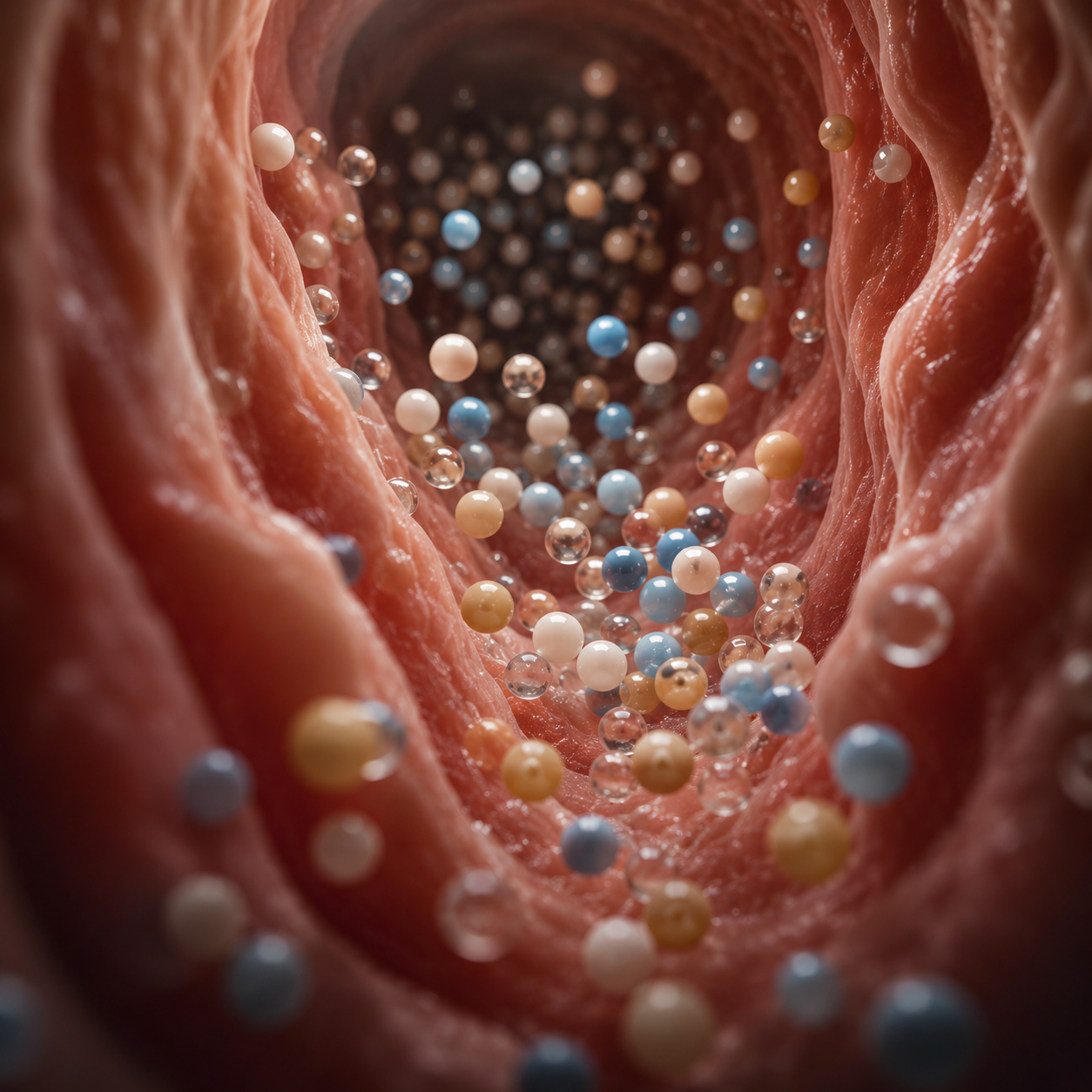 Scattered cluster of multicolored microencapsulated spheres