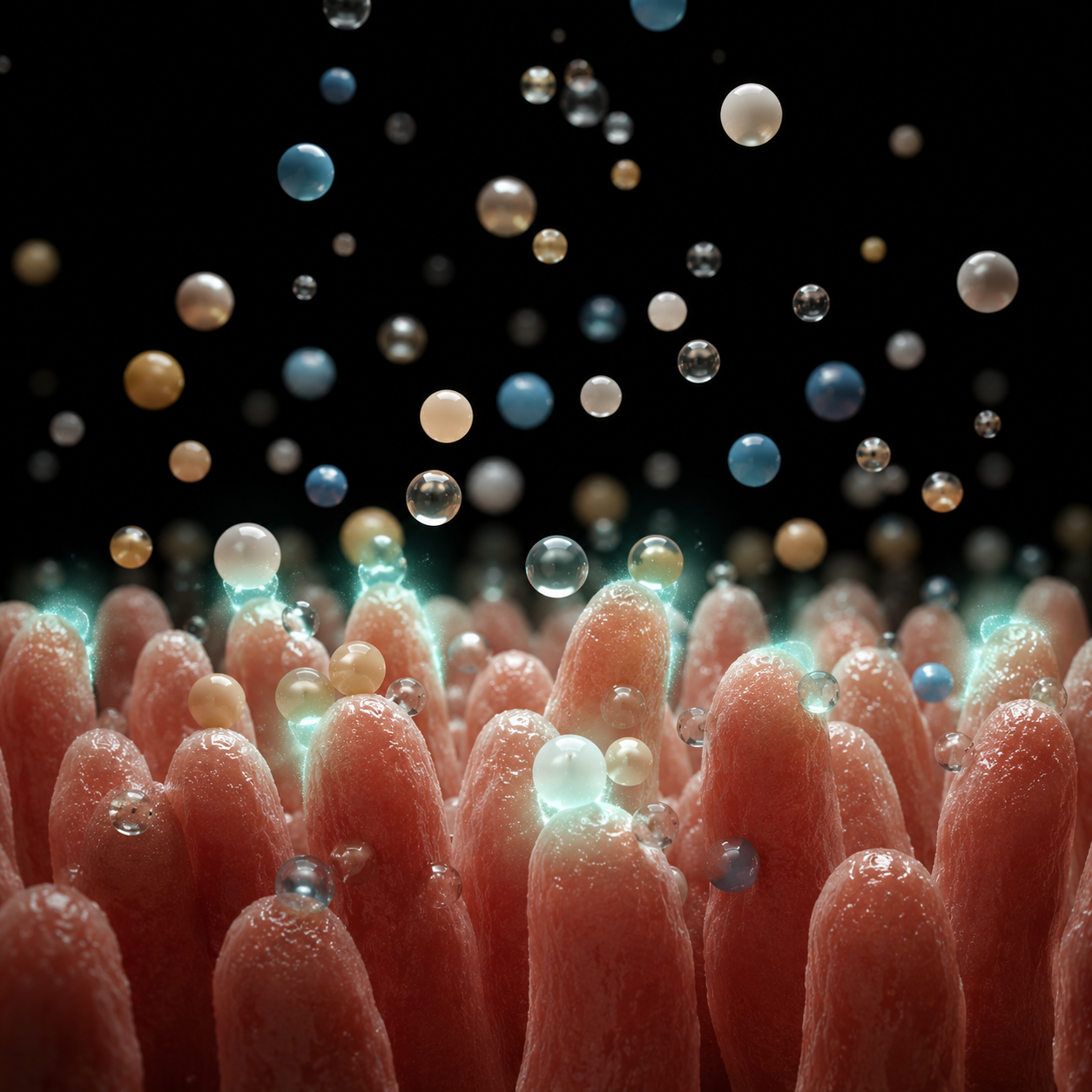 Microbeads descending toward textured intestinal villi with mint absorption glow