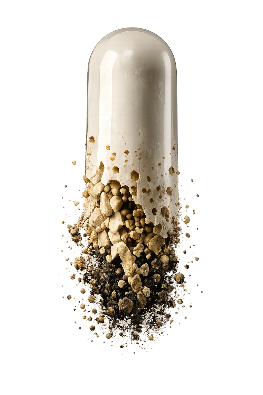 A clear standard capsule shown with its contents dissolving and spilling out the bottom